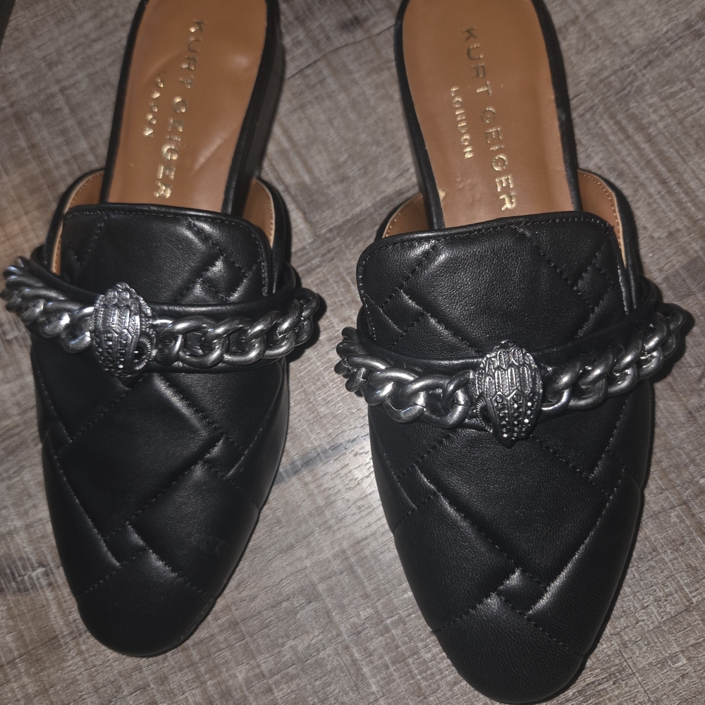 Kurt Geiger Black Quilted Mules with Silver Chain